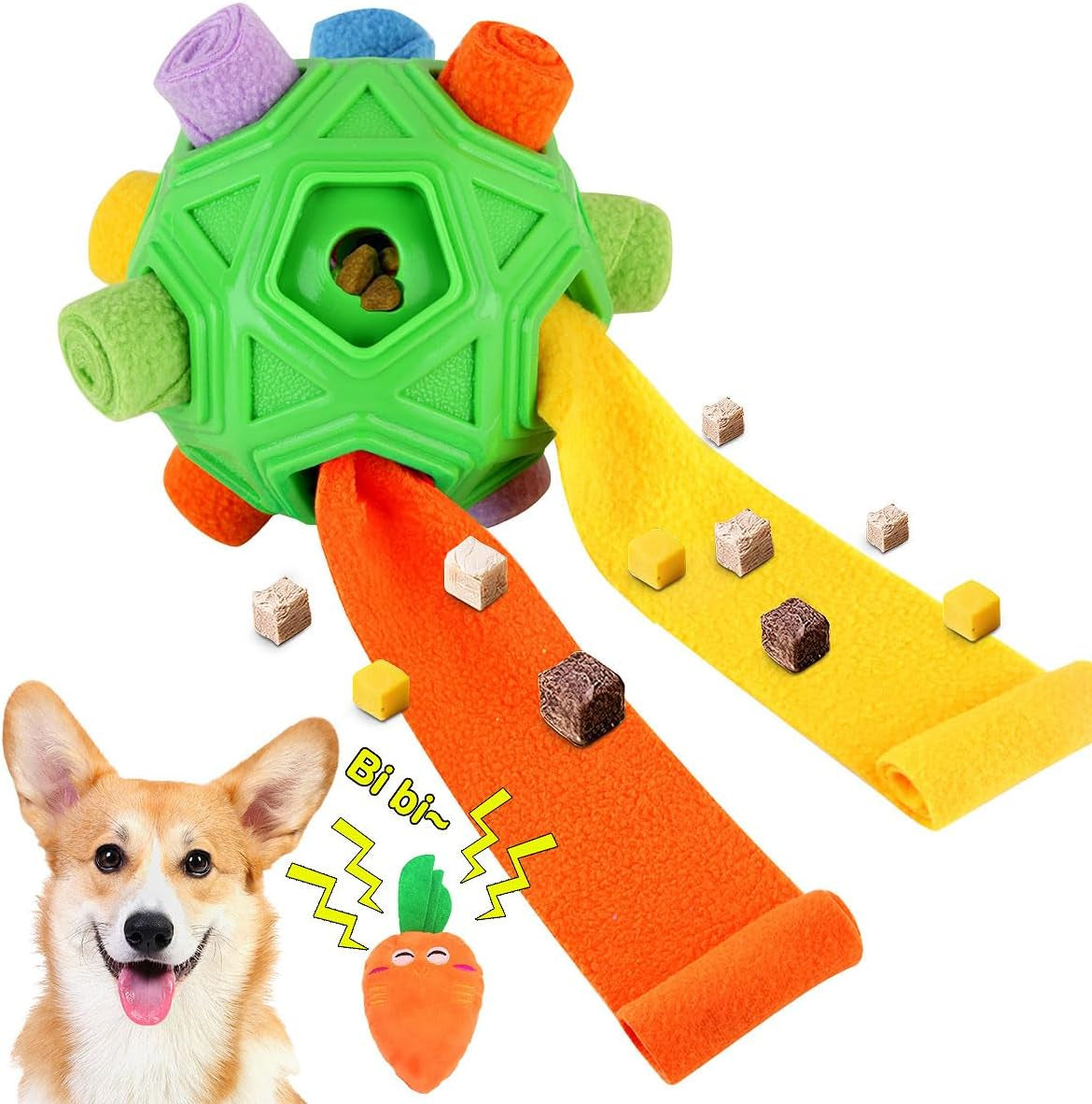 Dog Snuffle Ball-Interactive Puzzle Dog Toys Encourage Natural Foraging Skills Slow Feeder for Training and Stress Relief, Cloth Strip Hiding Food Chew Toys with Squeaky Carrot Toy for Any Size