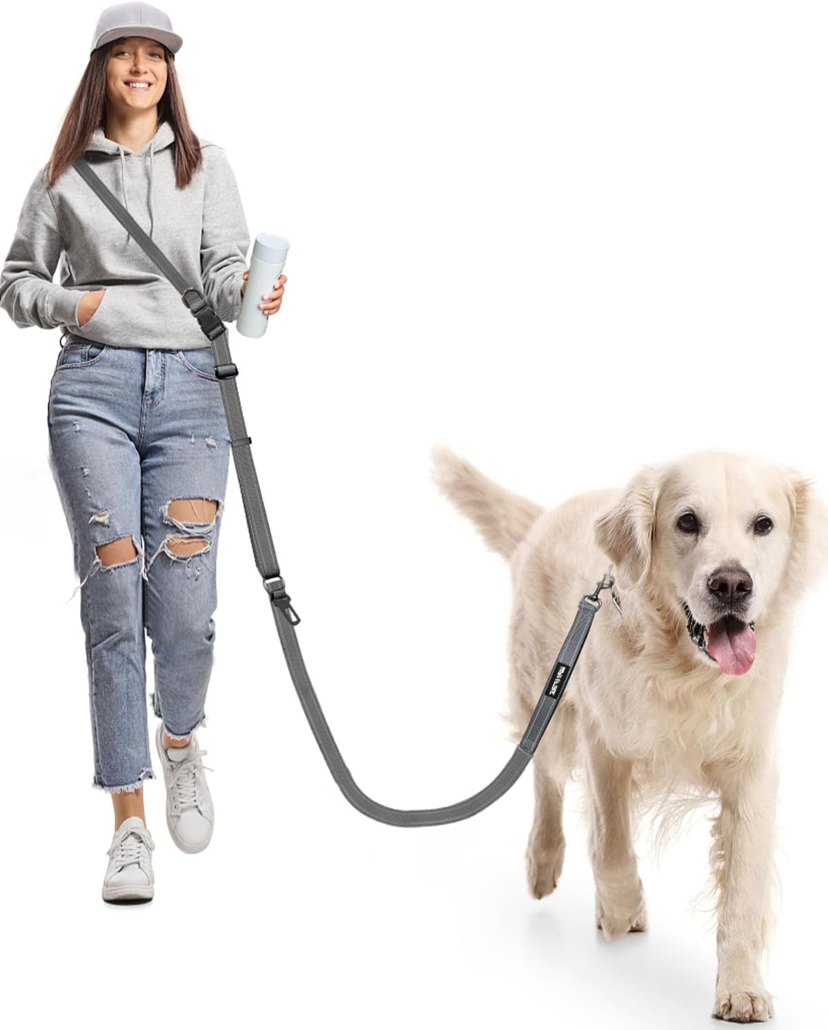 Hands Free Dog Leash, Multifunctional Crossbody Heavy Duty Dog Leash, 9.5 Ft Long Waist Belt with Car Safety Buckle for Medium and Large Dogs Walking,Jogging,Running,Training (Grey 5.9-9.5Ft).