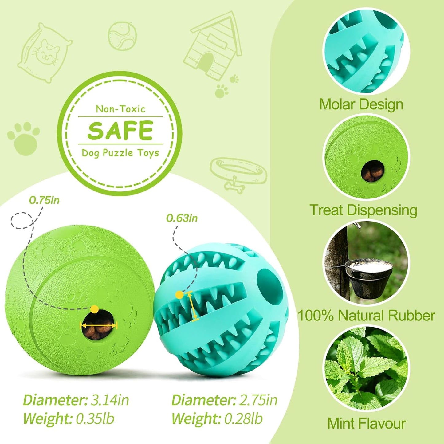 Dog Puzzle Toy 2 Pack, Interactive Dog Toys for Treat Dispensing, Durable Puppy Toys for Teething, Dog Treat Ball for Teeth/Slow Feeder/Iq Training/Playing, Blue-2.75‘’, Green-3.14‘’
