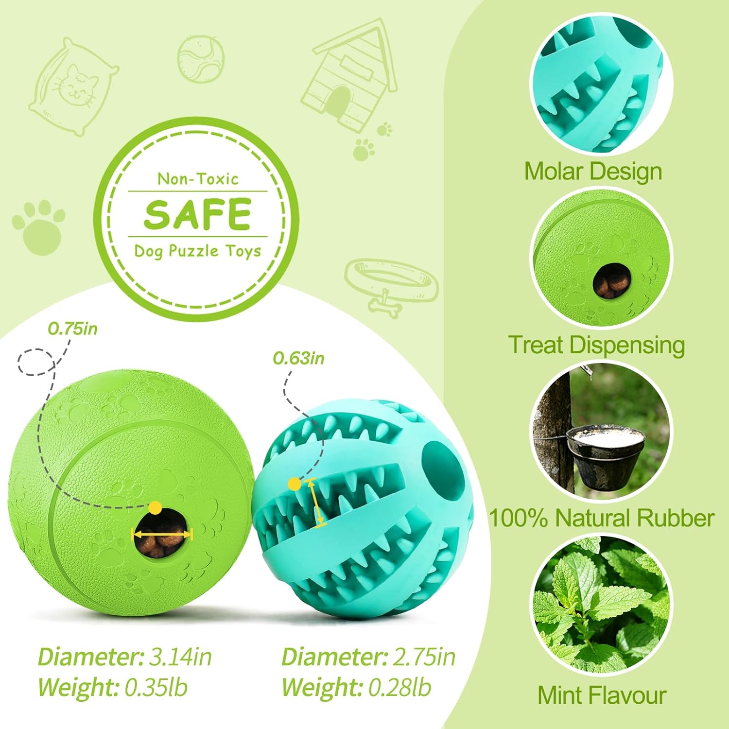 Dog Puzzle Toy 2 Pack, Interactive Dog Toys for Treat Dispensing, Durable Puppy Toys for Teething, Dog Treat Ball for Teeth/Slow Feeder/Iq Training/Playing, Blue-2.75‘’, Green-3.14‘’