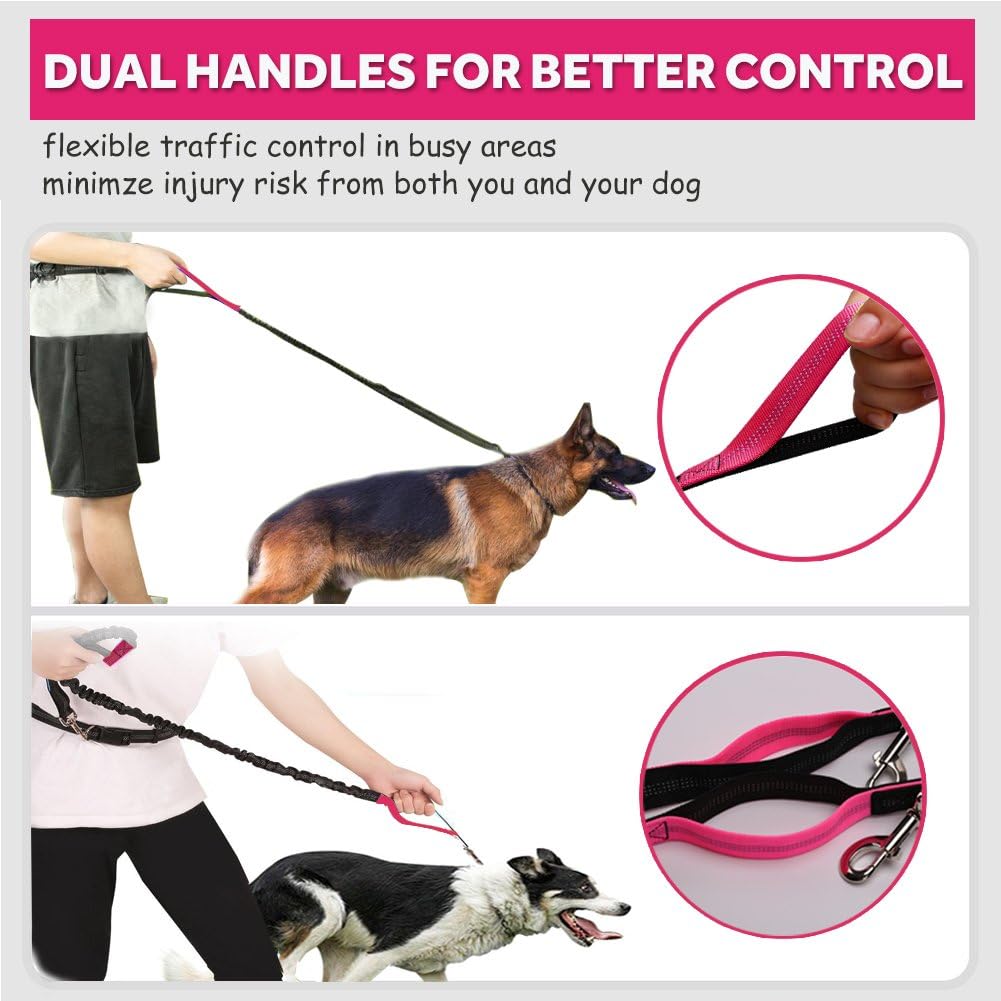 Hands Free Dog Leash for Running Walking Training Hiking, Dual-Handle Reflective Bungee, Poop Bag Dispenser Pouch, Adjustable Waist Belt, Shock Absorbing, Ideal for Medium to Large Dogs (Black W Pink)