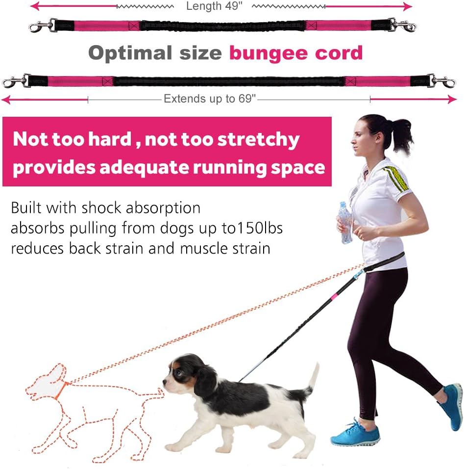Hands Free Dog Leash for Running Walking Training Hiking, Dual-Handle Reflective Bungee, Poop Bag Dispenser Pouch, Adjustable Waist Belt, Shock Absorbing, Ideal for Medium to Large Dogs (Black W Pink)