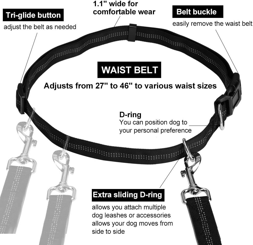 Hands Free Dog Leash for Running Walking Training Hiking, Dual-Handle Reflective Bungee, Poop Bag Dispenser Pouch, Adjustable Waist Belt, Shock Absorbing, Ideal for Medium to Large Dogs (Black W Pink)