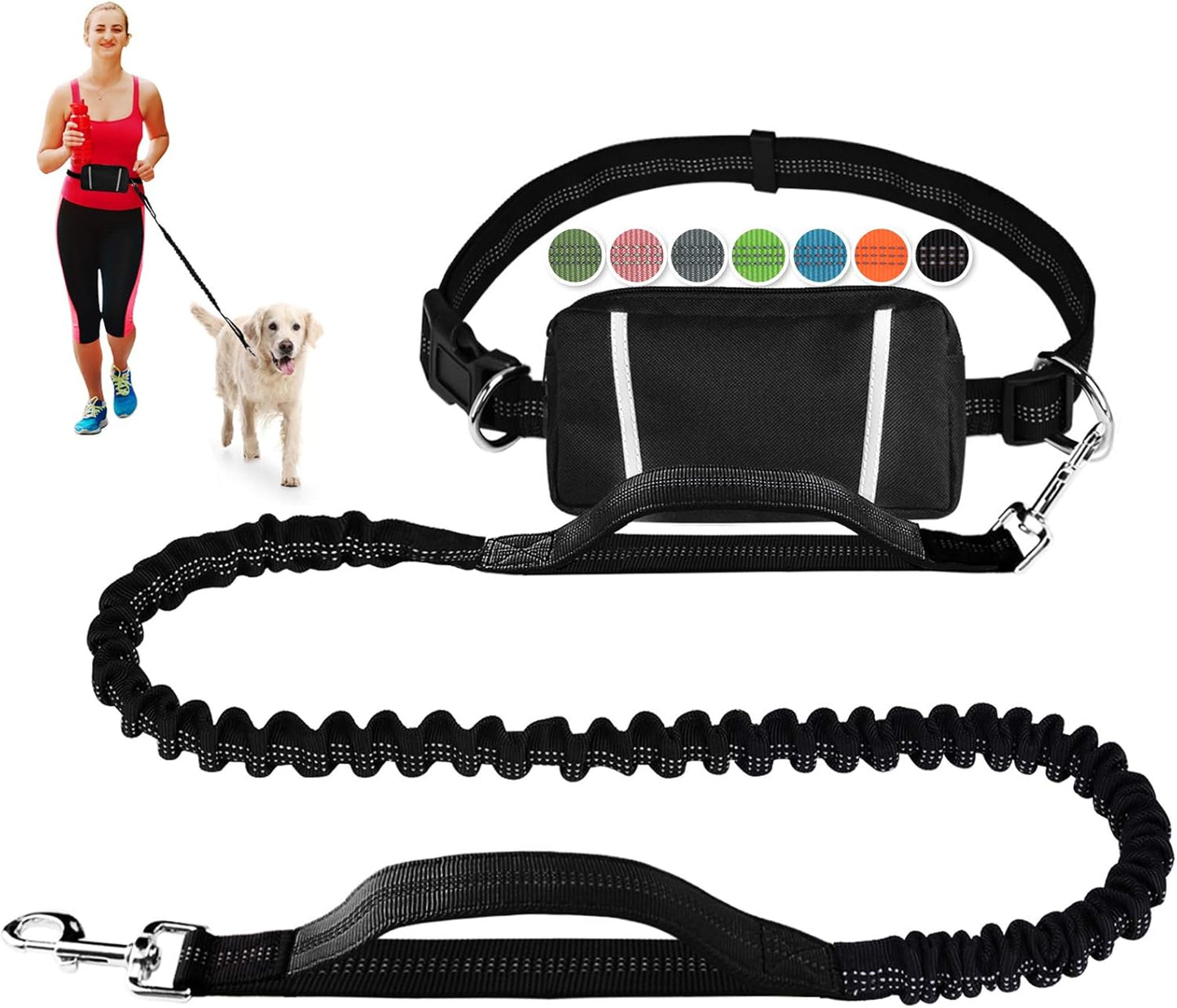 Hands Free Dog Leash for Running Walking Training Hiking, Dual-Handle Reflective Bungee, Poop Bag Dispenser Pouch, Adjustable Waist Belt, Shock Absorbing, Ideal for Medium to Large Dogs (Black W Pink)