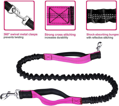 Hands Free Dog Leash for Running Walking Training Hiking, Dual-Handle Reflective Bungee, Poop Bag Dispenser Pouch, Adjustable Waist Belt, Shock Absorbing, Ideal for Medium to Large Dogs (Black W Pink)